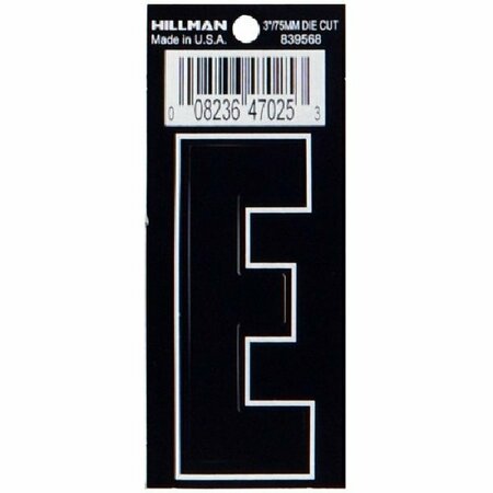 HILLMAN Letter, Character: E, 3 in H Character, Black/White Character, Black Background, Vinyl 839568